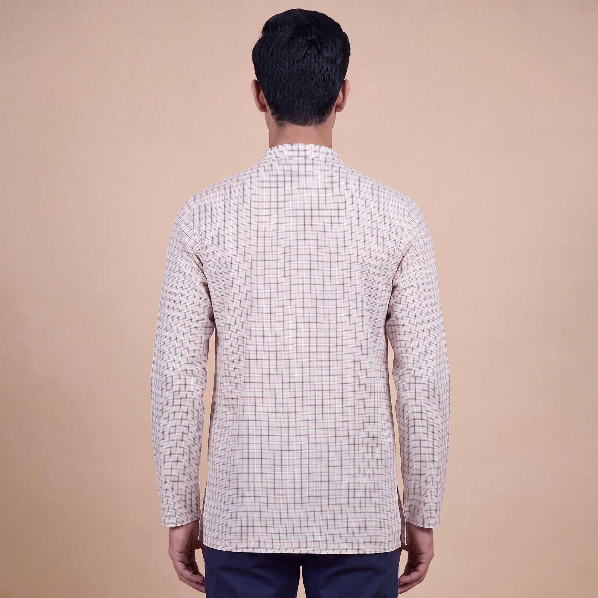 White cotton with orange & black checks men short kurta - Image 4