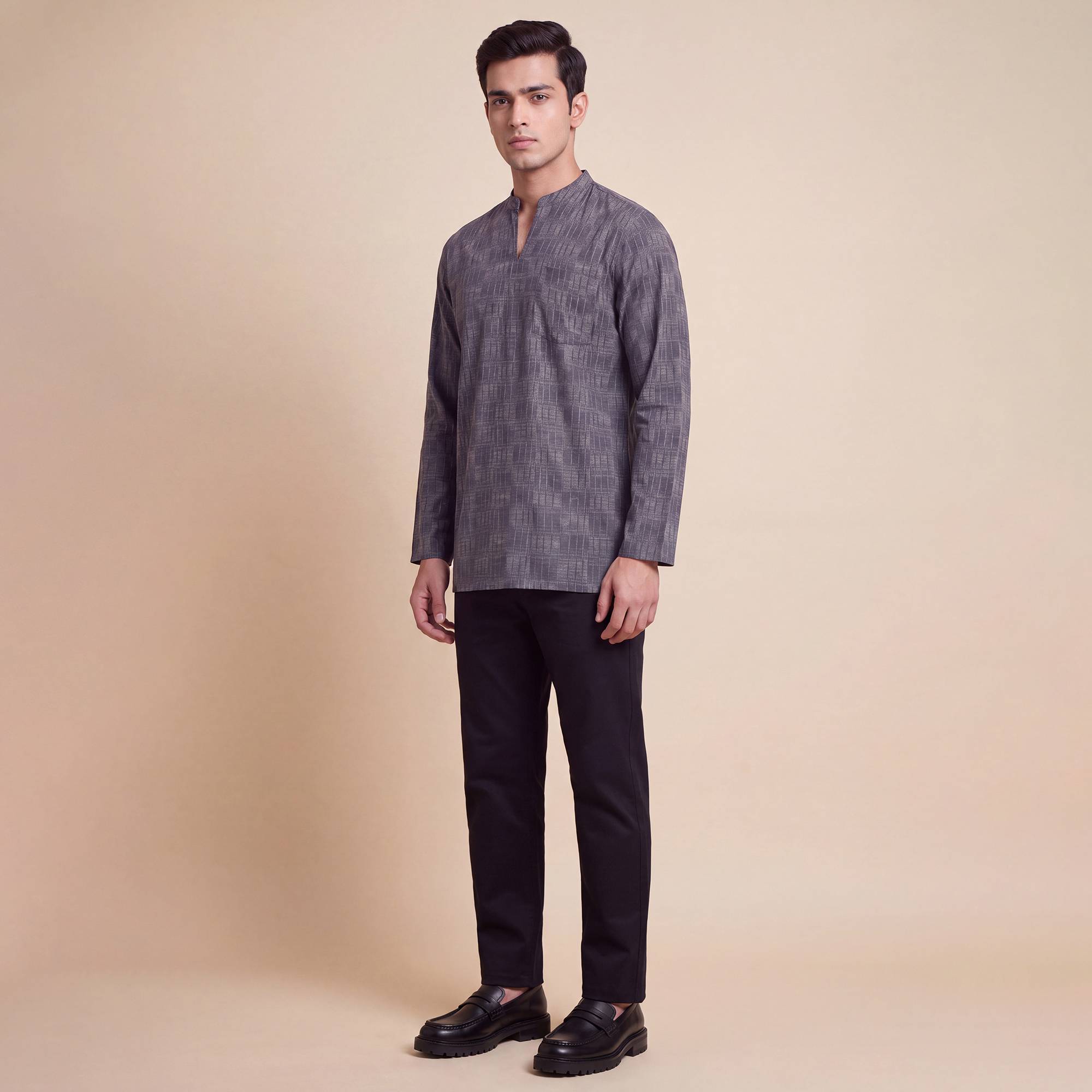 Grey black cotton printed slide sleeves style men short kurta - Image 5
