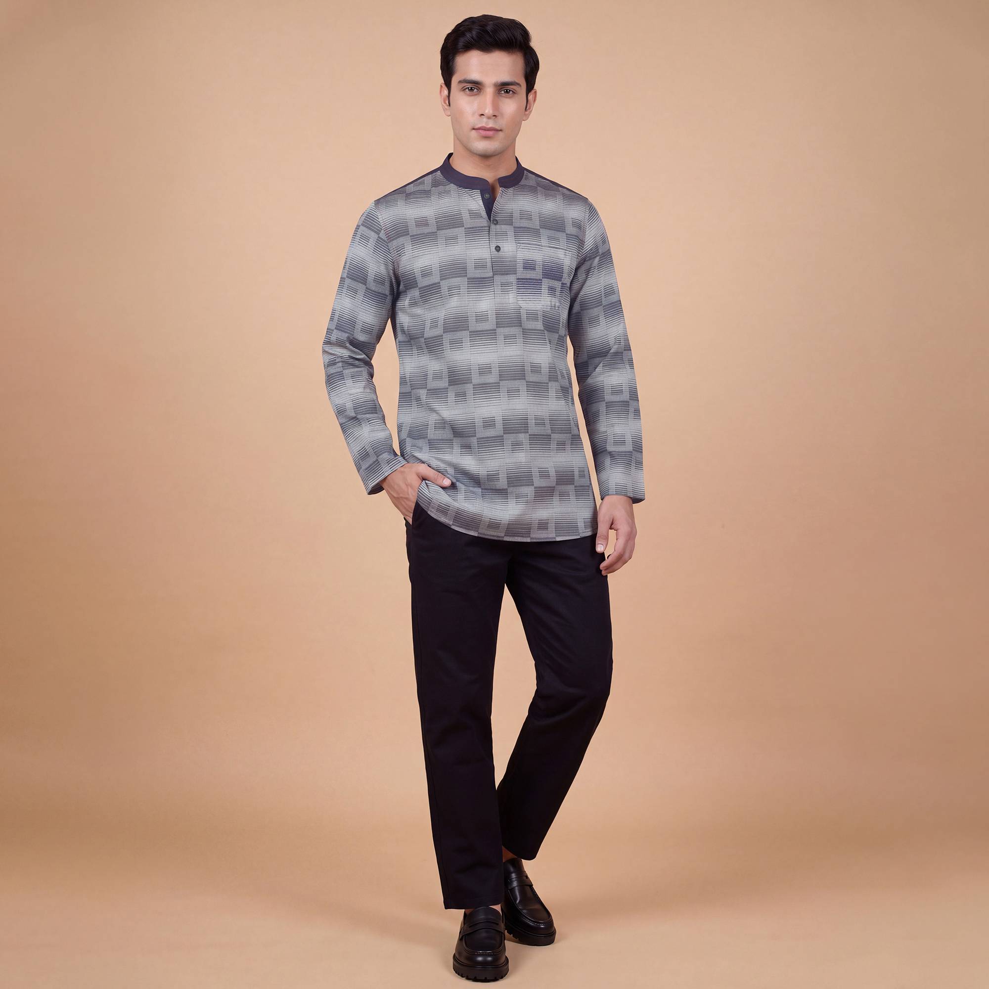 Grey blue cotton square design denim collar men short kurta - Image 5