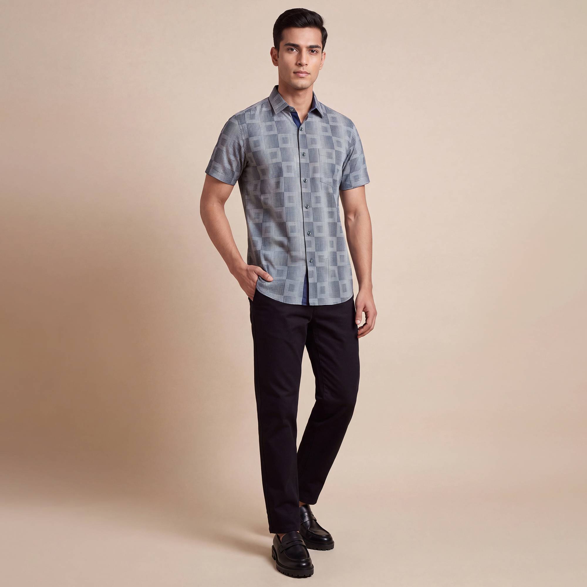 Grey and blue cotton square design men half sleeves shirt - Image 5