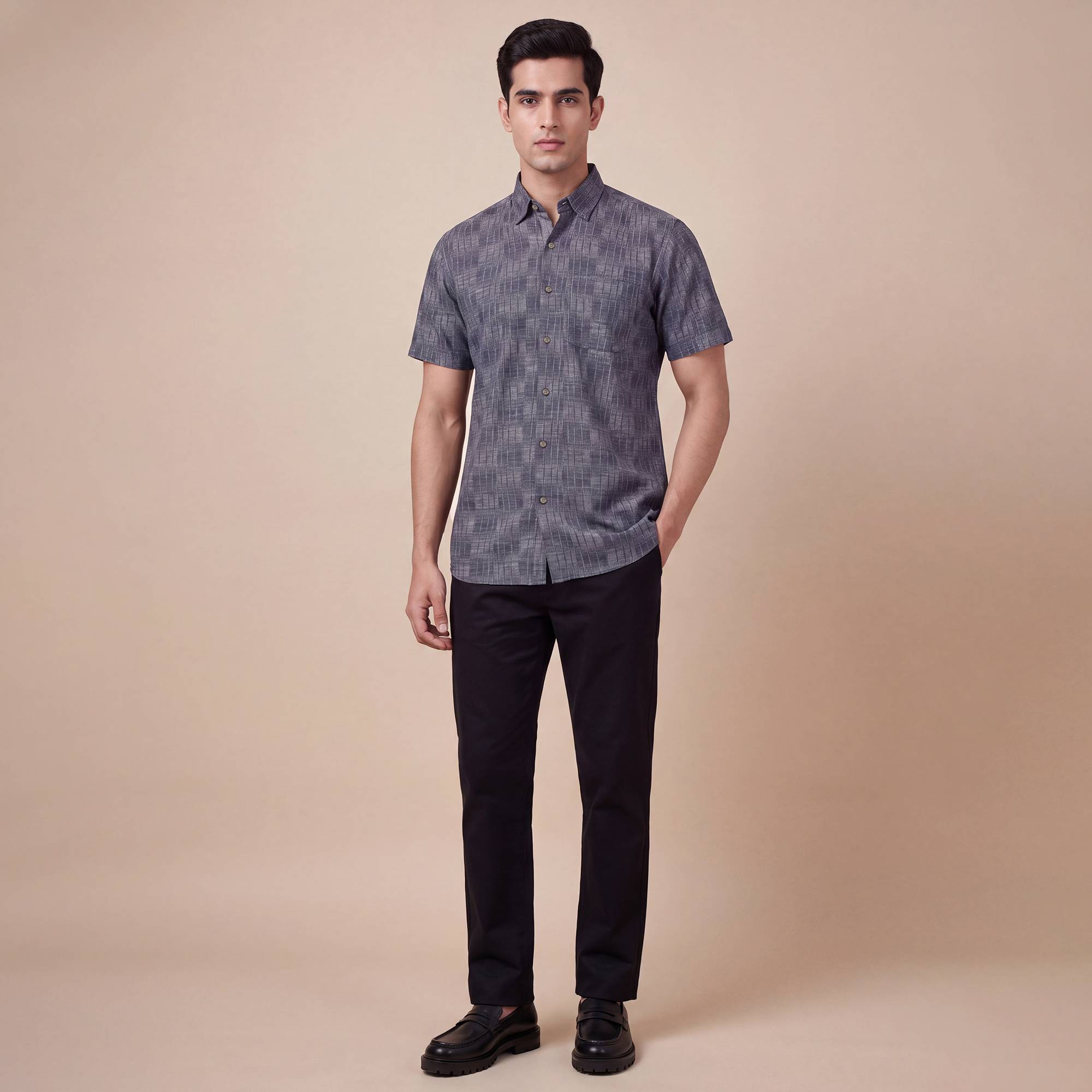 Dark grey cotton stripes design men half sleeves shirt - Image 5