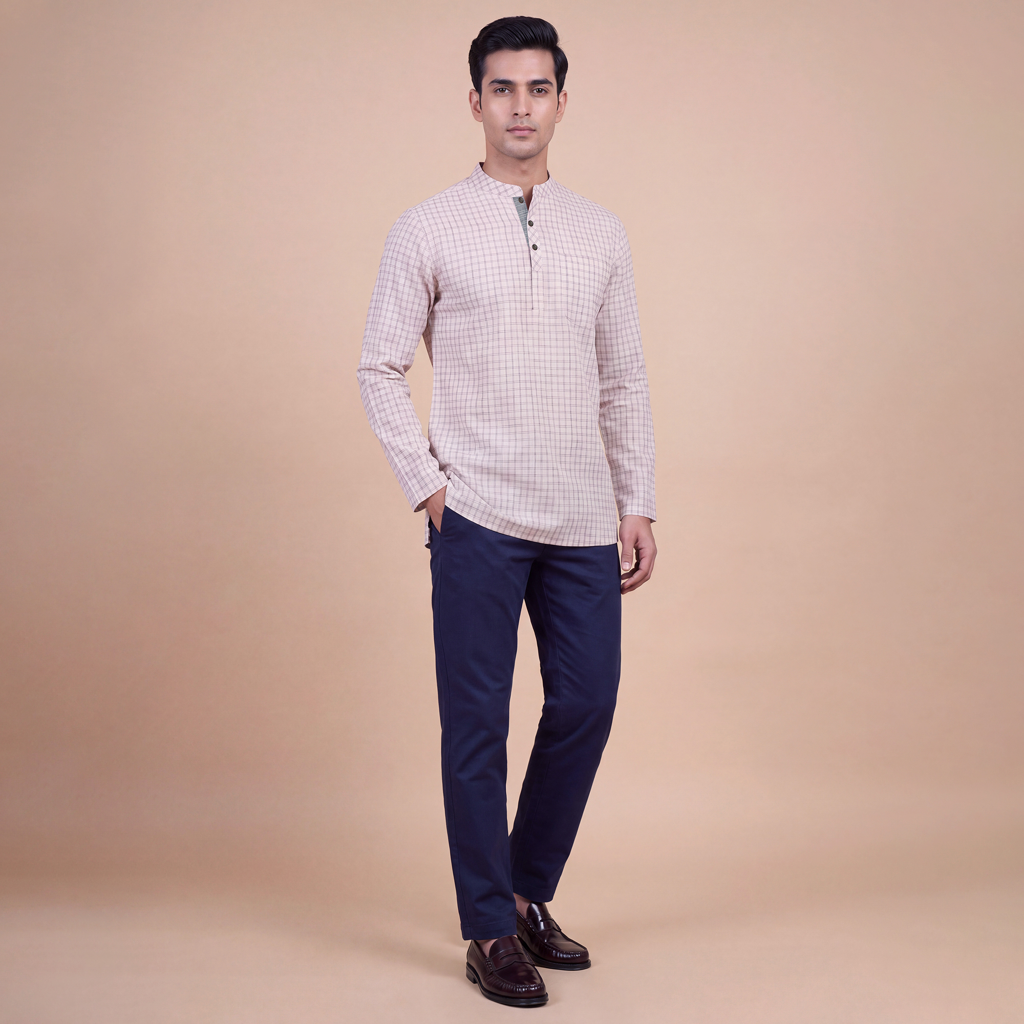 White cotton with orange & black checks men short kurta - Image 5