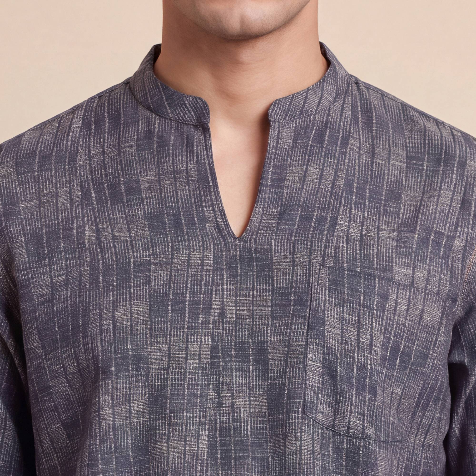 Grey black cotton printed slide sleeves style men short kurta - Image 6