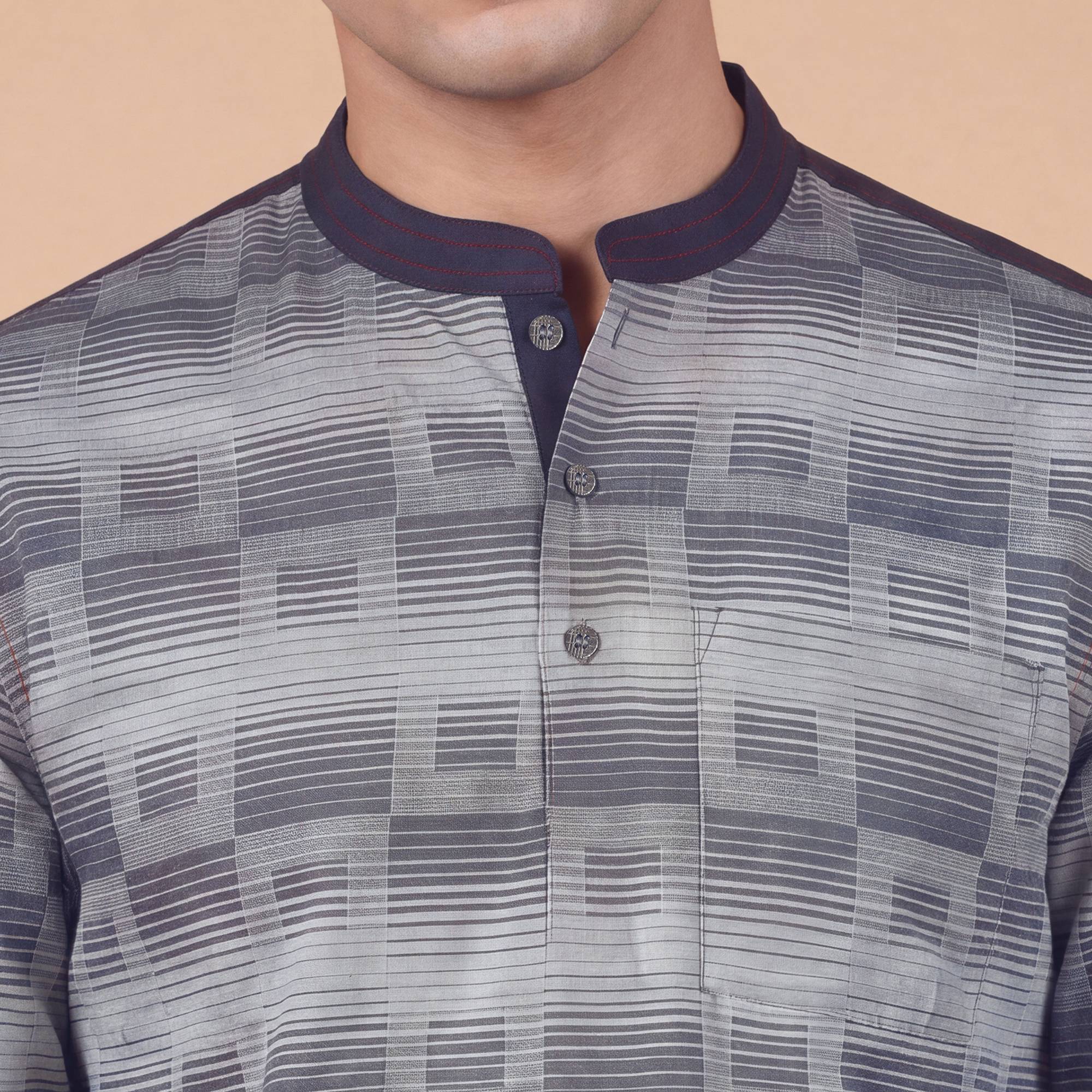Grey blue cotton square design denim collar men short kurta - Image 6