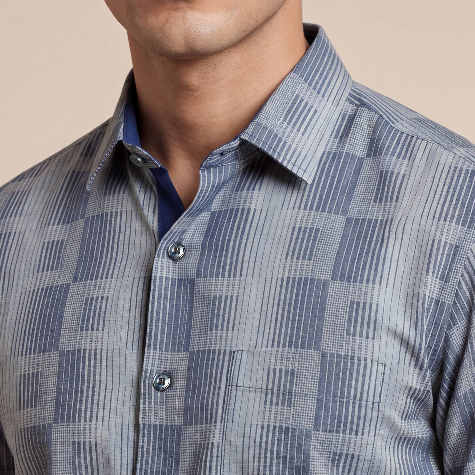 Grey and blue cotton square design men half sleeves shirt - Image 6