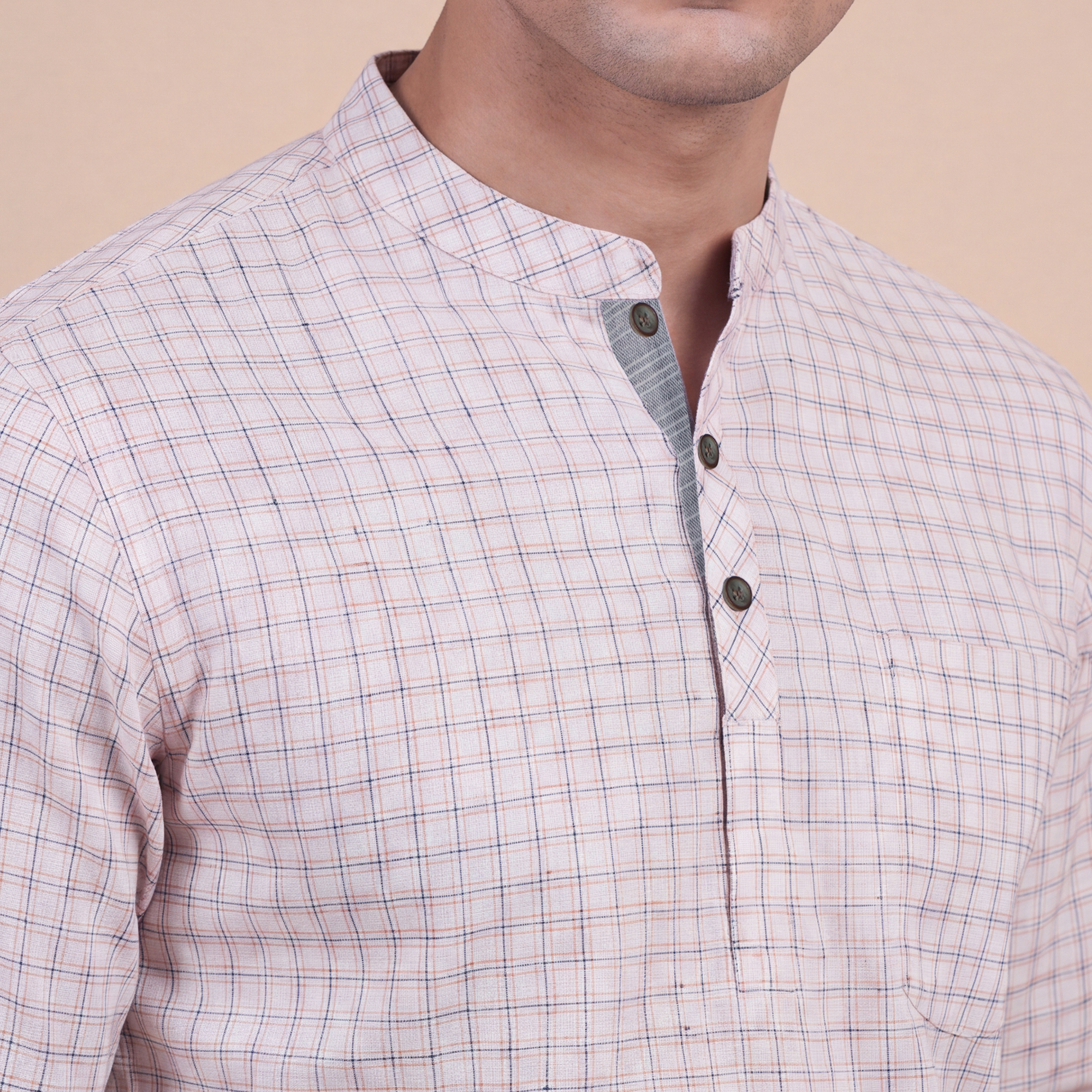 White cotton with orange & black checks men short kurta - Image 6