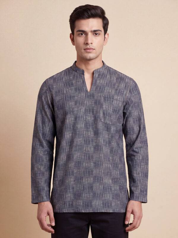 Grey black cotton printed slide sleeves style men short kurta - XL/42"