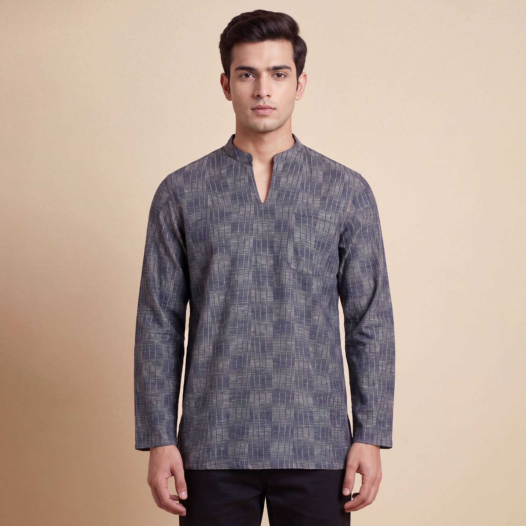 Grey black cotton printed slide sleeves style men short kurta - Image 7