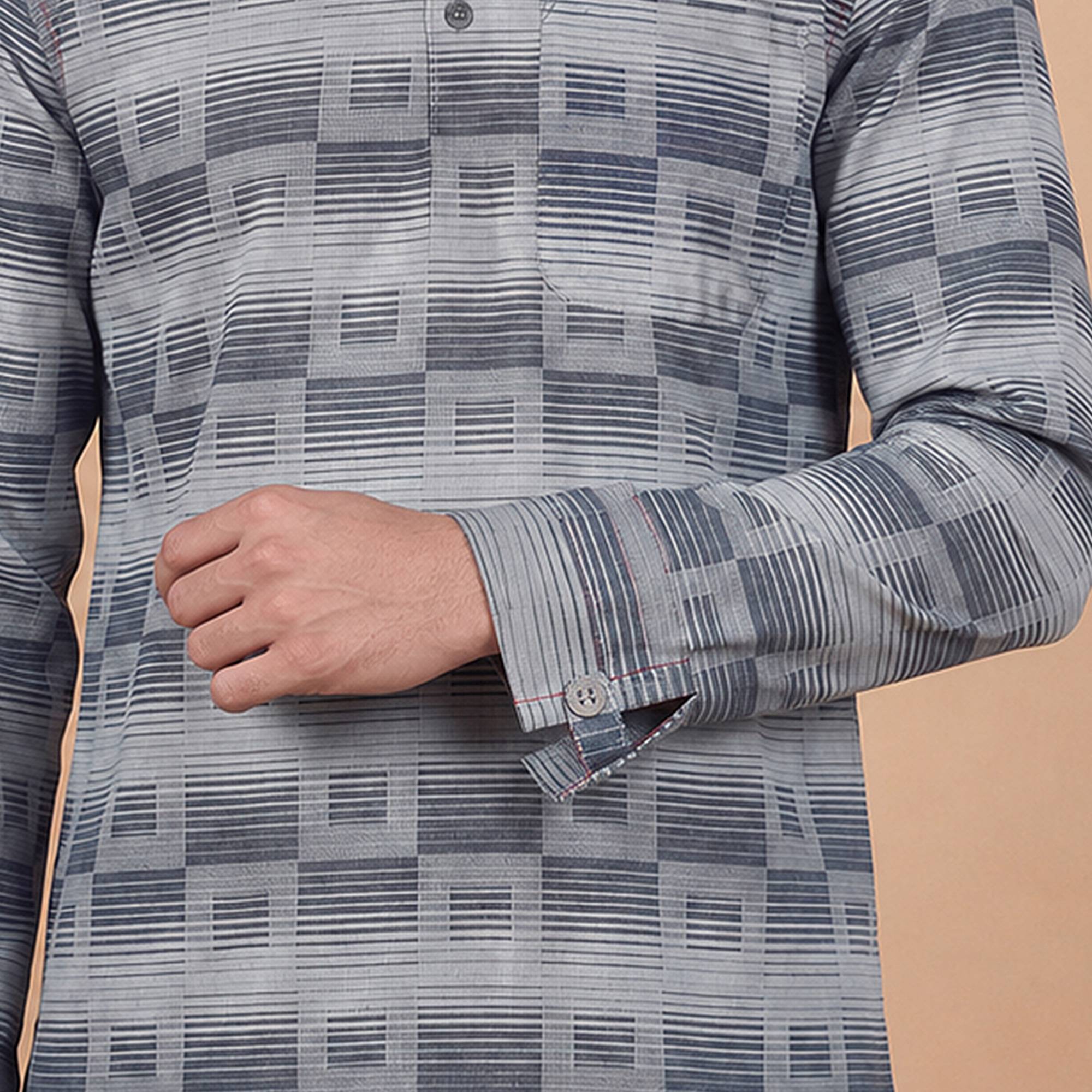 Grey blue cotton square design denim collar men short kurta - Image 7