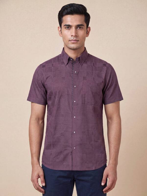 Brown cotton checks dobby weave men half sleeves shirt