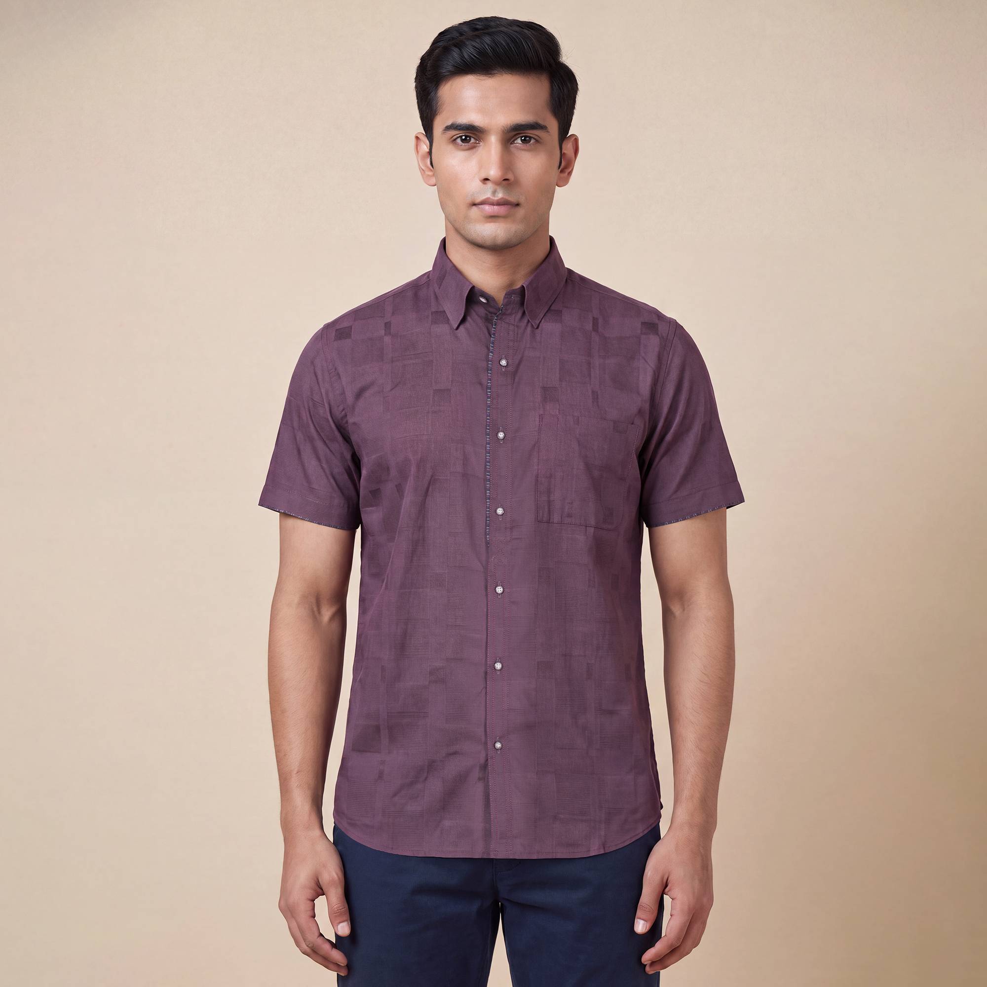 Brown cotton checks dobby weave men half sleeves shirt