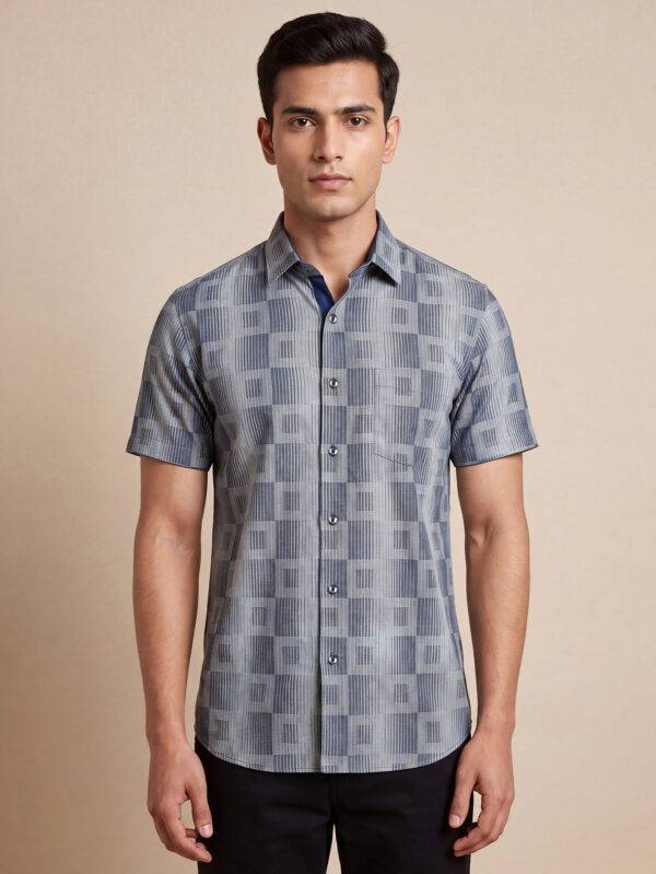 Grey and blue cotton square design men half sleeves shirt