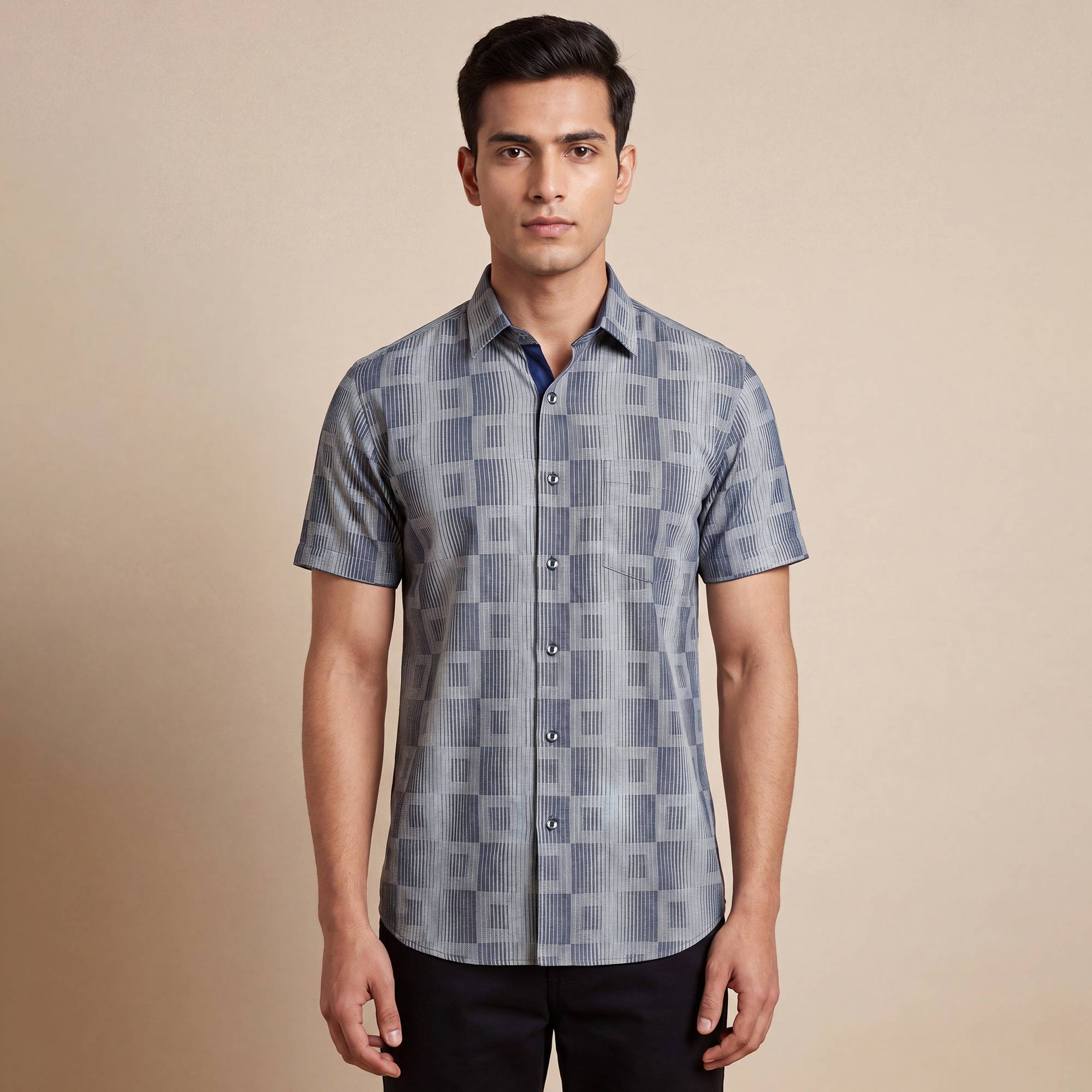 Grey and blue cotton square design men half sleeves shirt