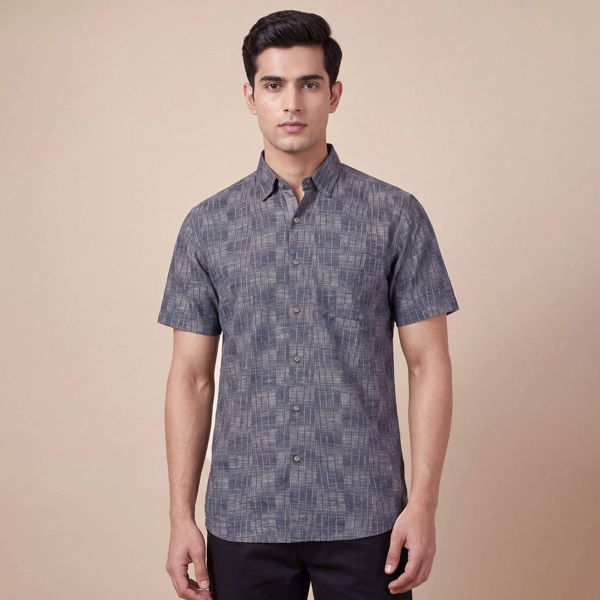 Dark grey cotton stripes design men half sleeves shirt