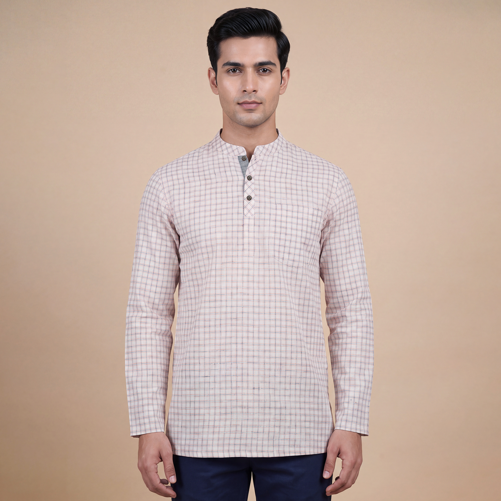 White cotton with orange & black checks men short kurta