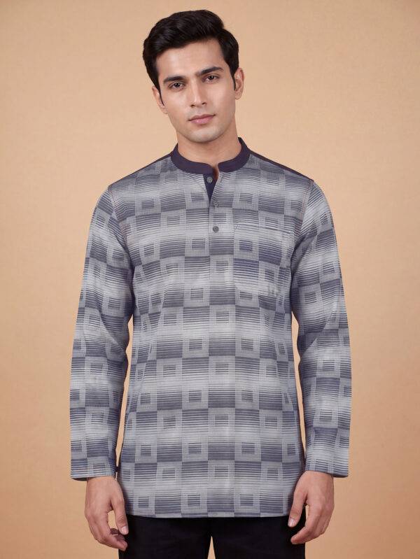 Grey blue cotton square design denim collar men short kurta