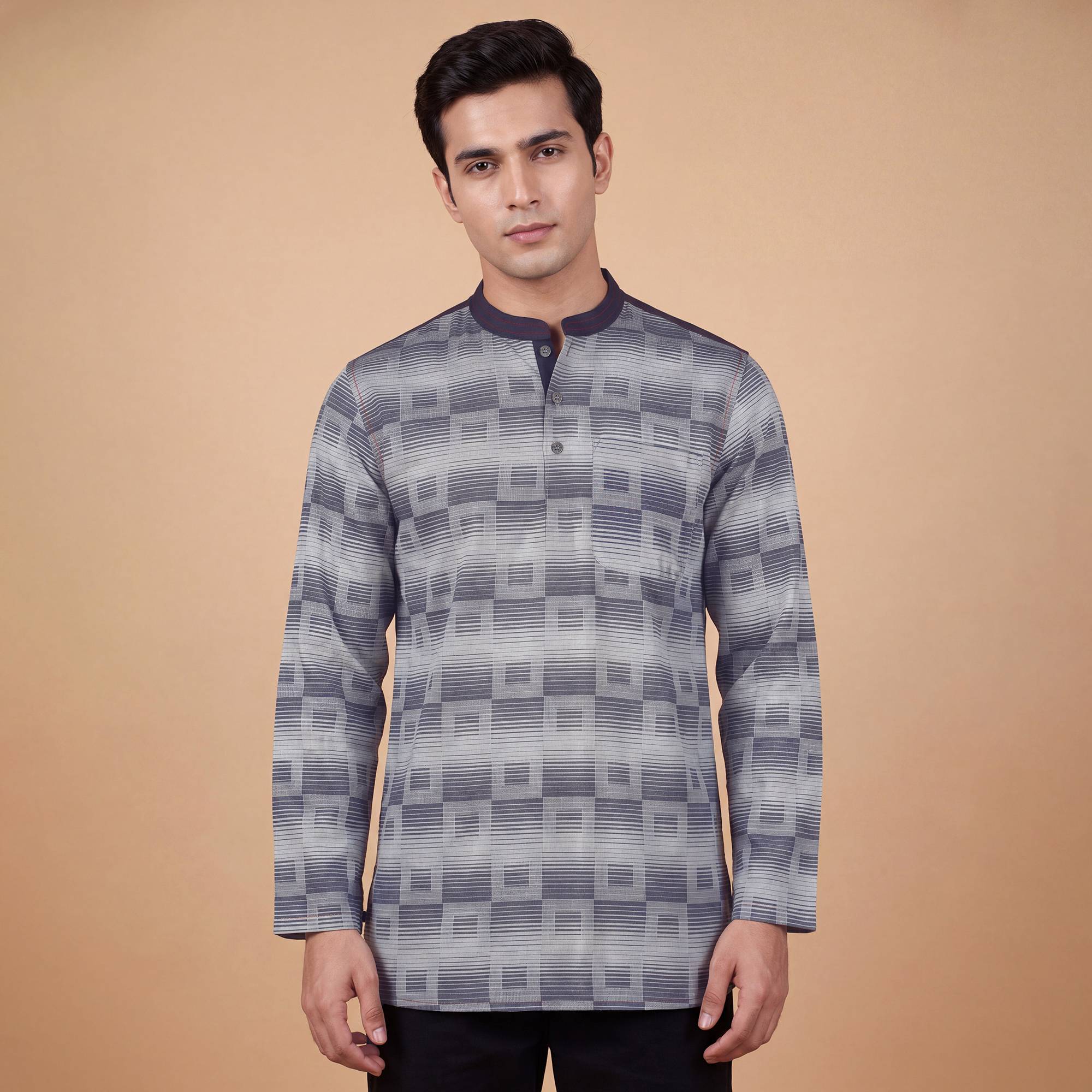 Grey blue cotton square design denim collar men short kurta