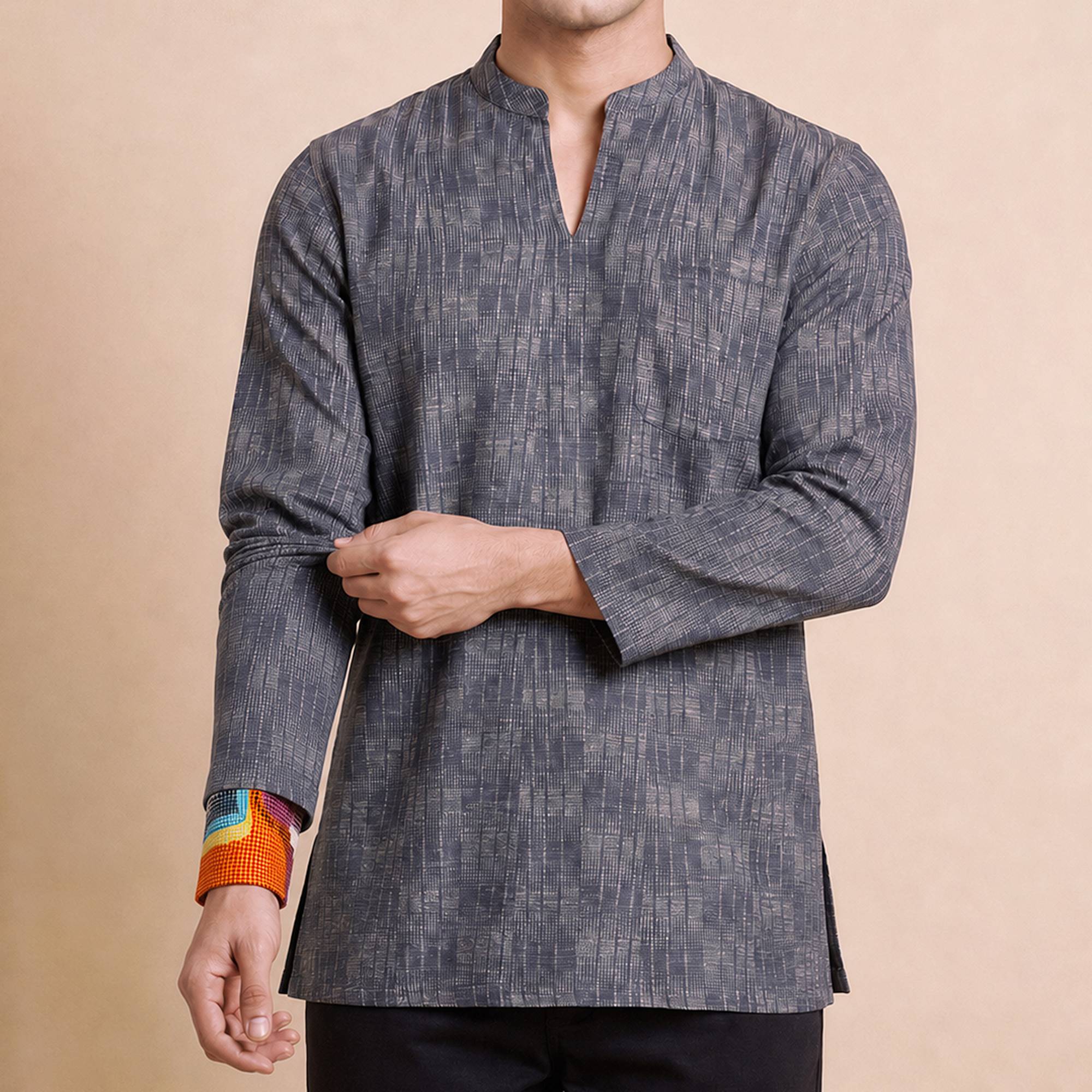 Grey black cotton printed slide sleeves style men short kurta - Image 8