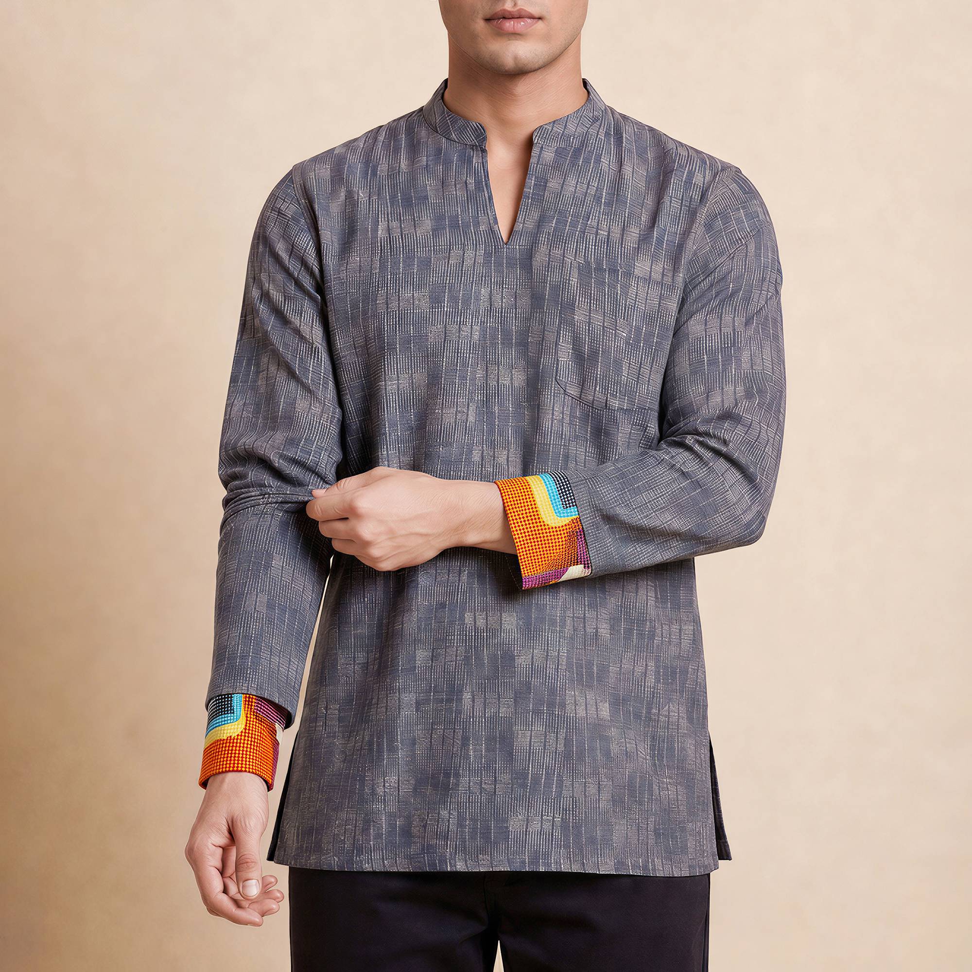 Grey black cotton printed slide sleeves style men short kurta