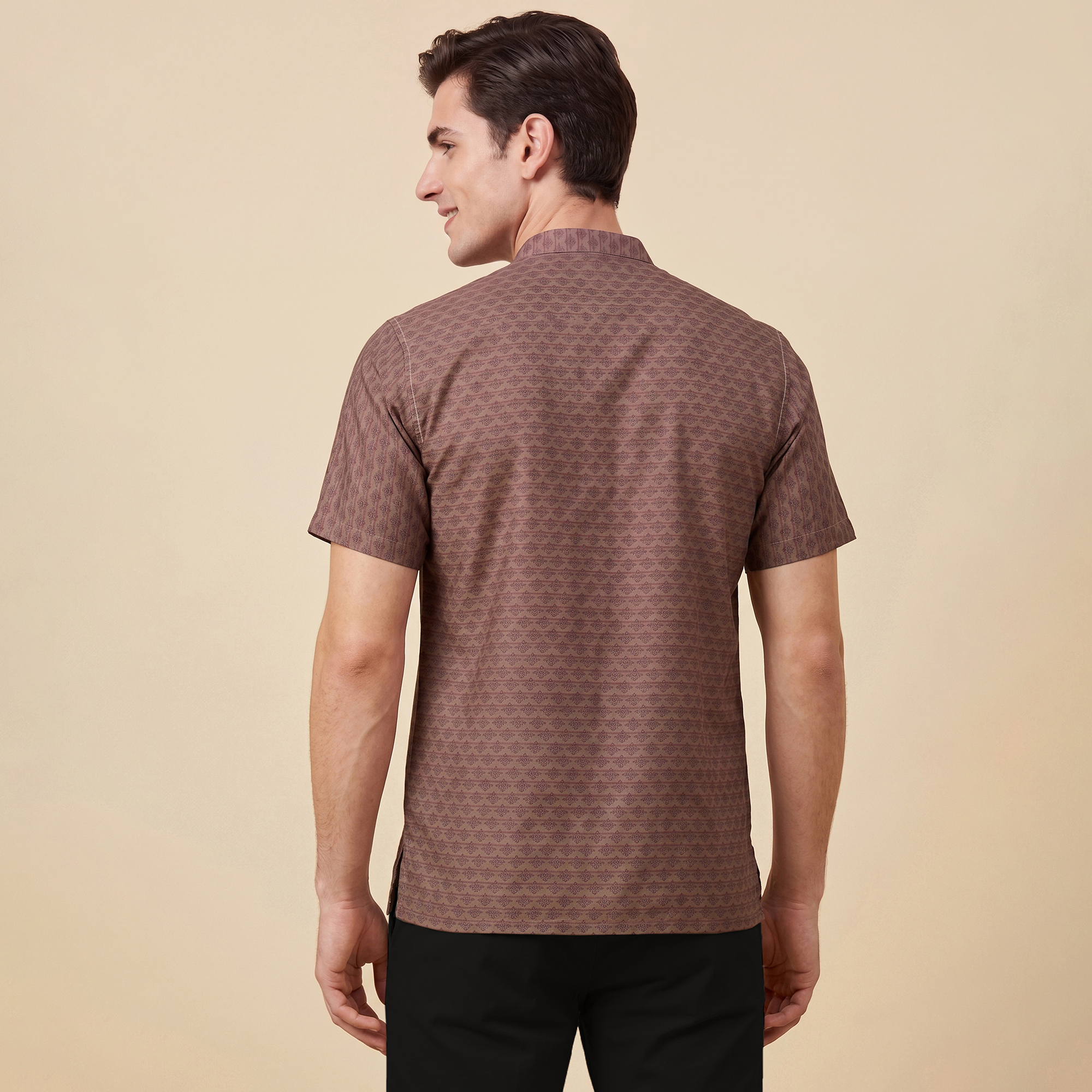 Brown color banarsi jaucquard men half sleeves short kurta - Image 3