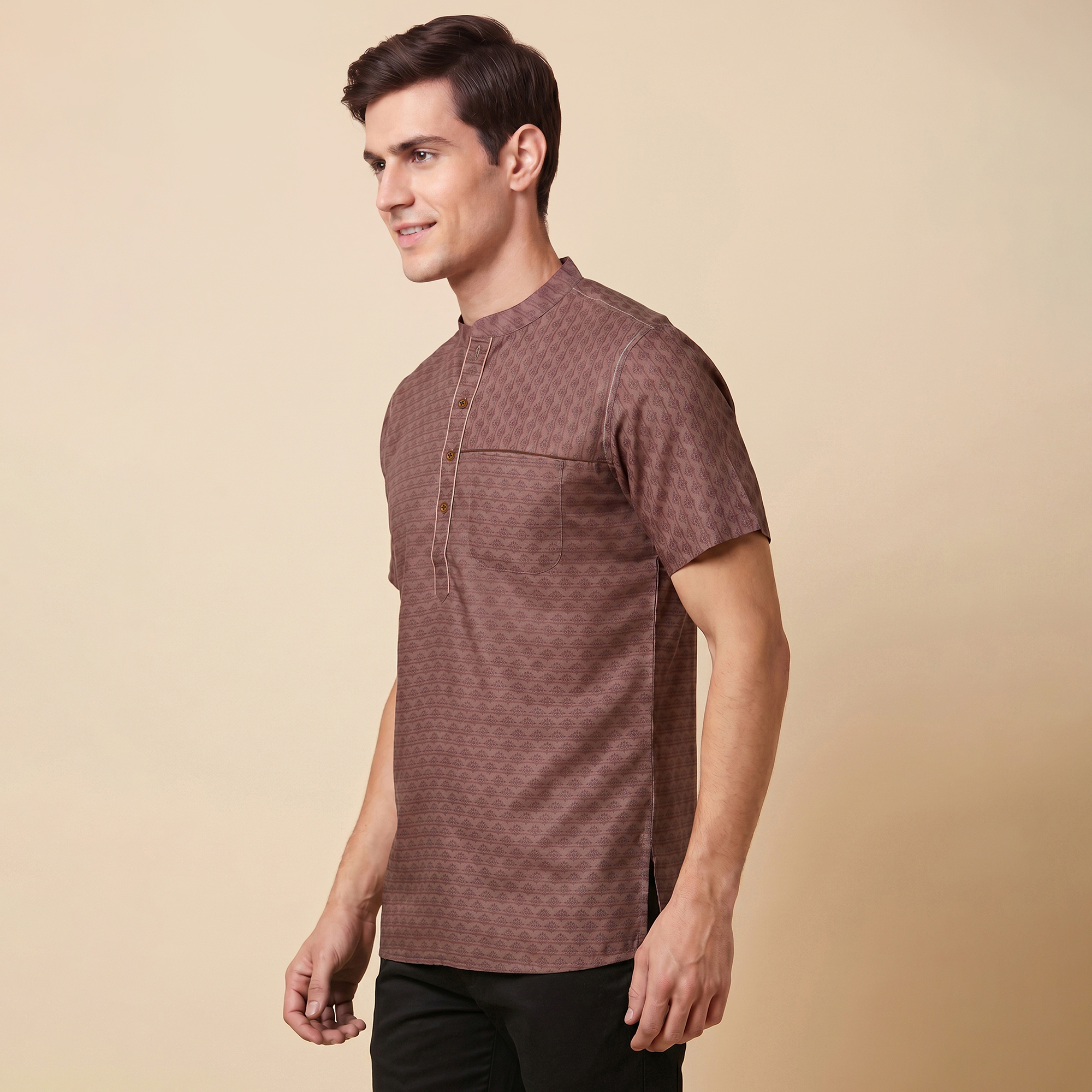 Brown color banarsi jaucquard men half sleeves short kurta - Image 4