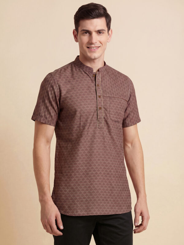 Brown color banarsi jaucquard men half sleeves short kurta