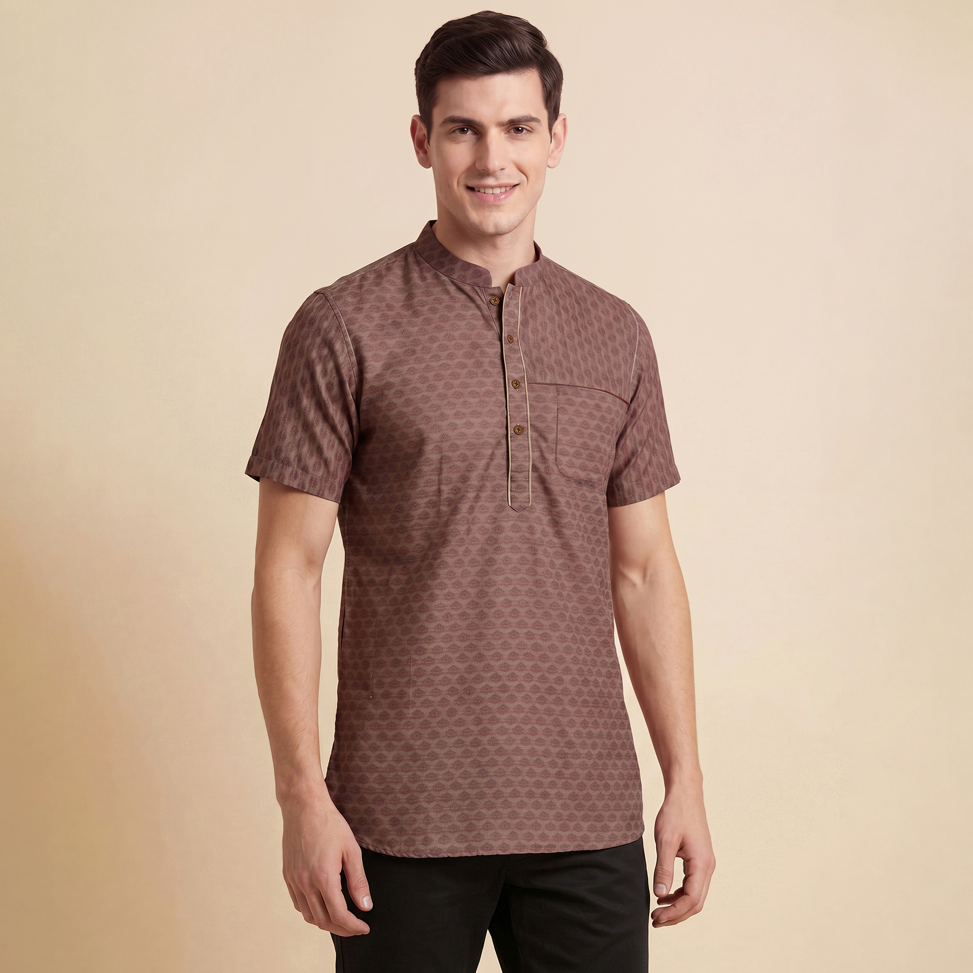 Brown color banarsi jaucquard men half sleeves short kurta