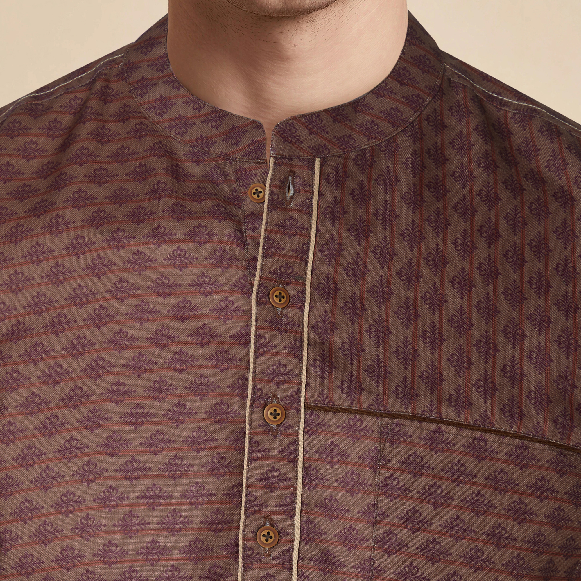 Brown color banarsi jaucquard men half sleeves short kurta - Image 5