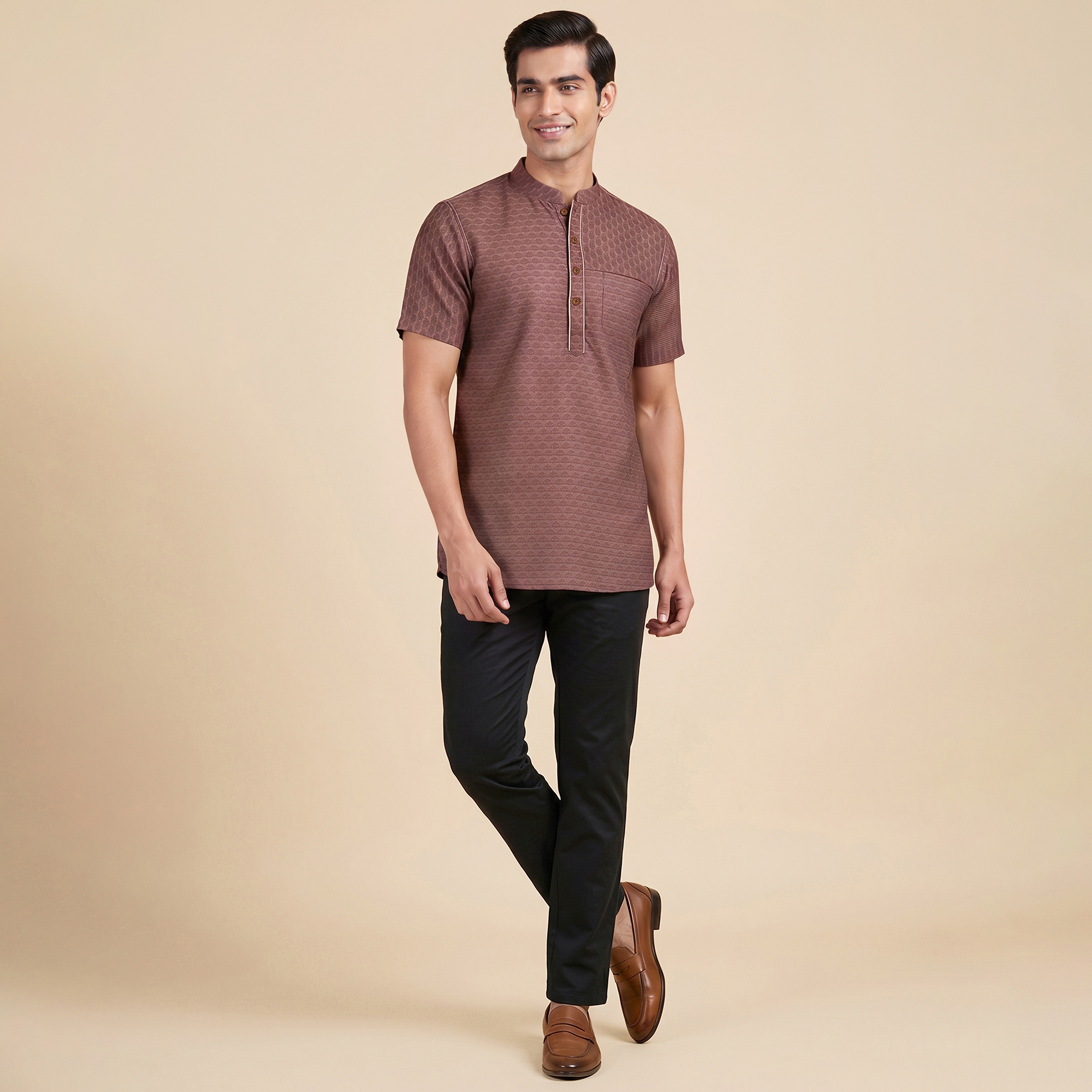 Brown color banarsi jaucquard men half sleeves short kurta - Image 6